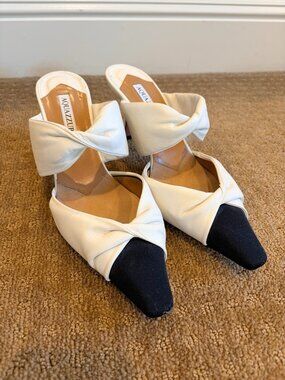 Aquazzura White Black Bow Pointed Toe Stiletto Leather Mule Heels